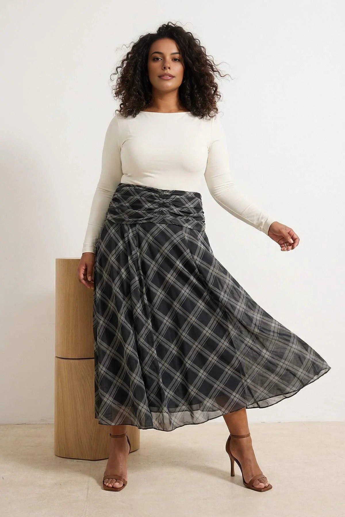 Check Print High Waist Midaxi Skirt with Flowing A-Line Shape by WOVCOR