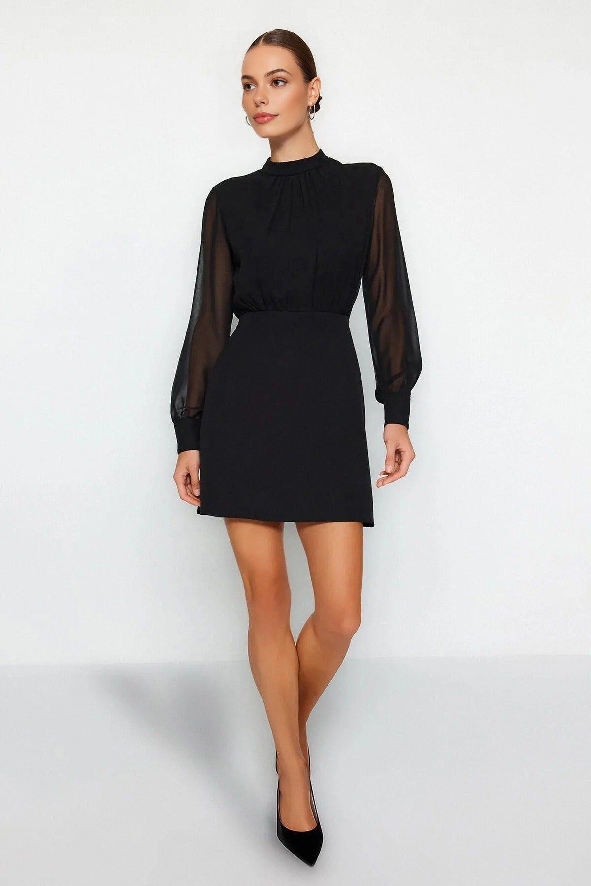 Chiffon Long Sleeve High Neck A-Line Mini Dress by WOVCOR