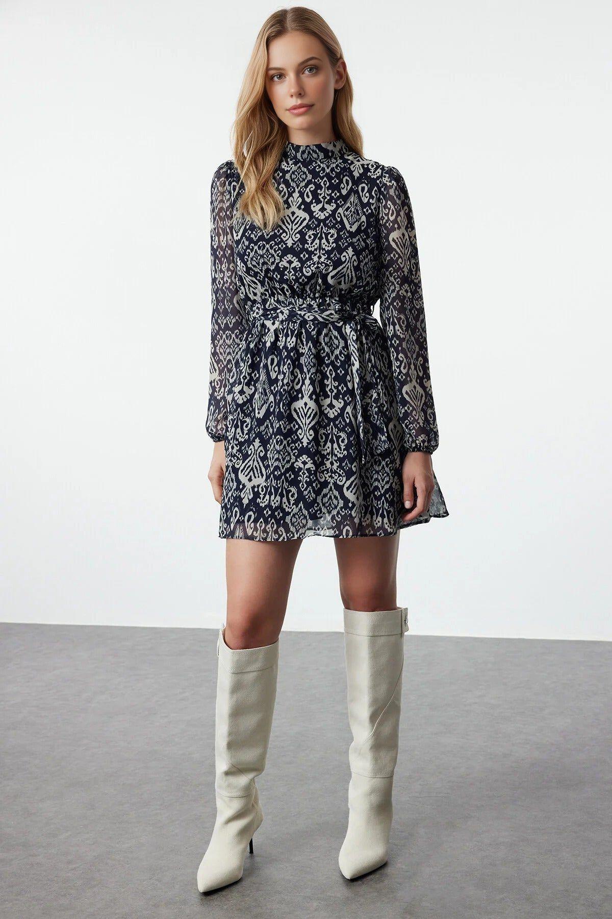 Chiffon Mini Woven Dress with Belted Flounce Skirt by WOVCOR