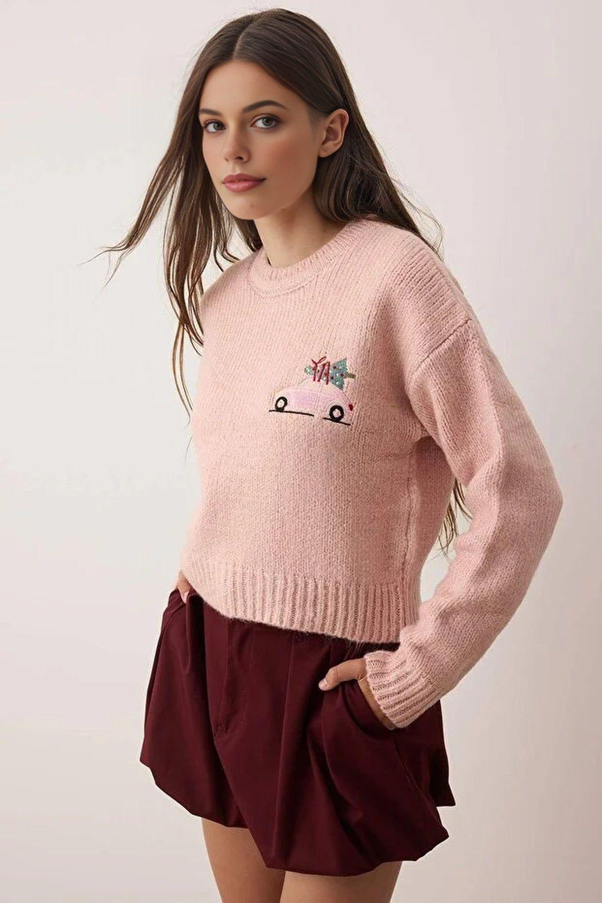 Christmas Car Embroidered Crew Neck Knitted Jumpe by WOVCOR