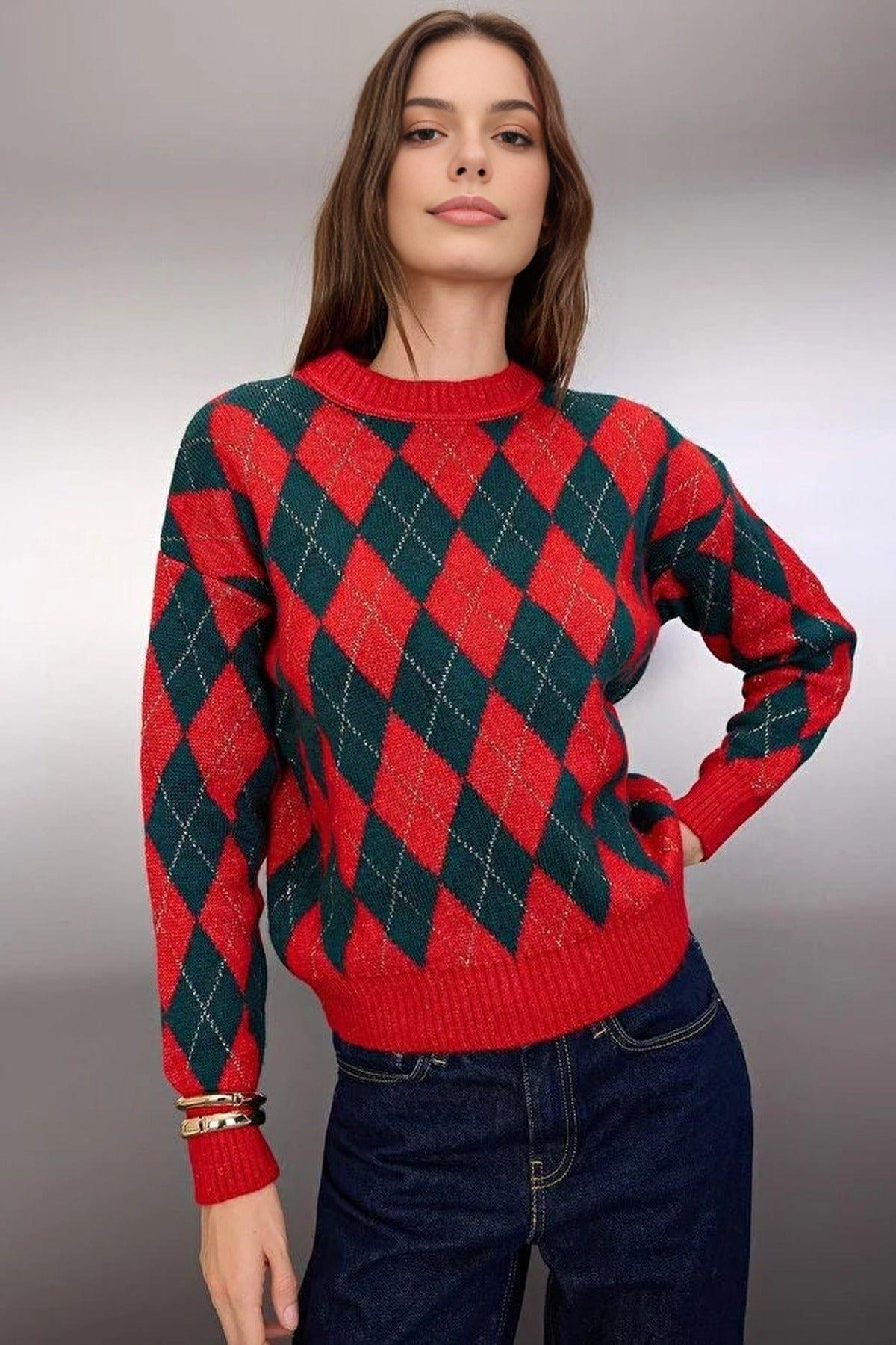 Christmas Glitter Argyle Knit Sweater by WOVCOR