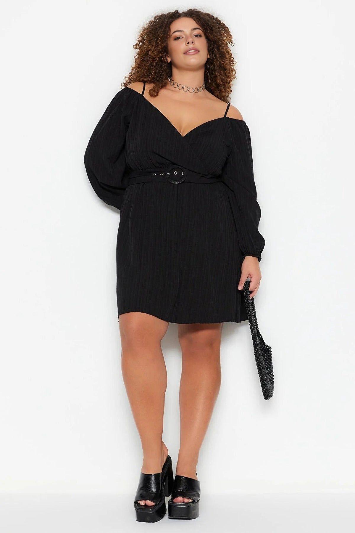 Cold Shoulder Belted Mini Dress with Long Sleeves by WOVCOR
