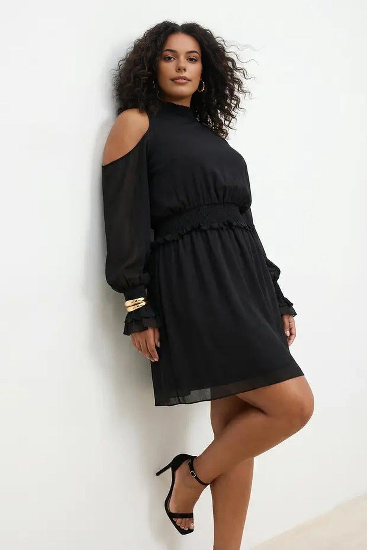 Cold Shoulder Sheer Sleeve Mini Dress with Shirred Waist by WOVCOR