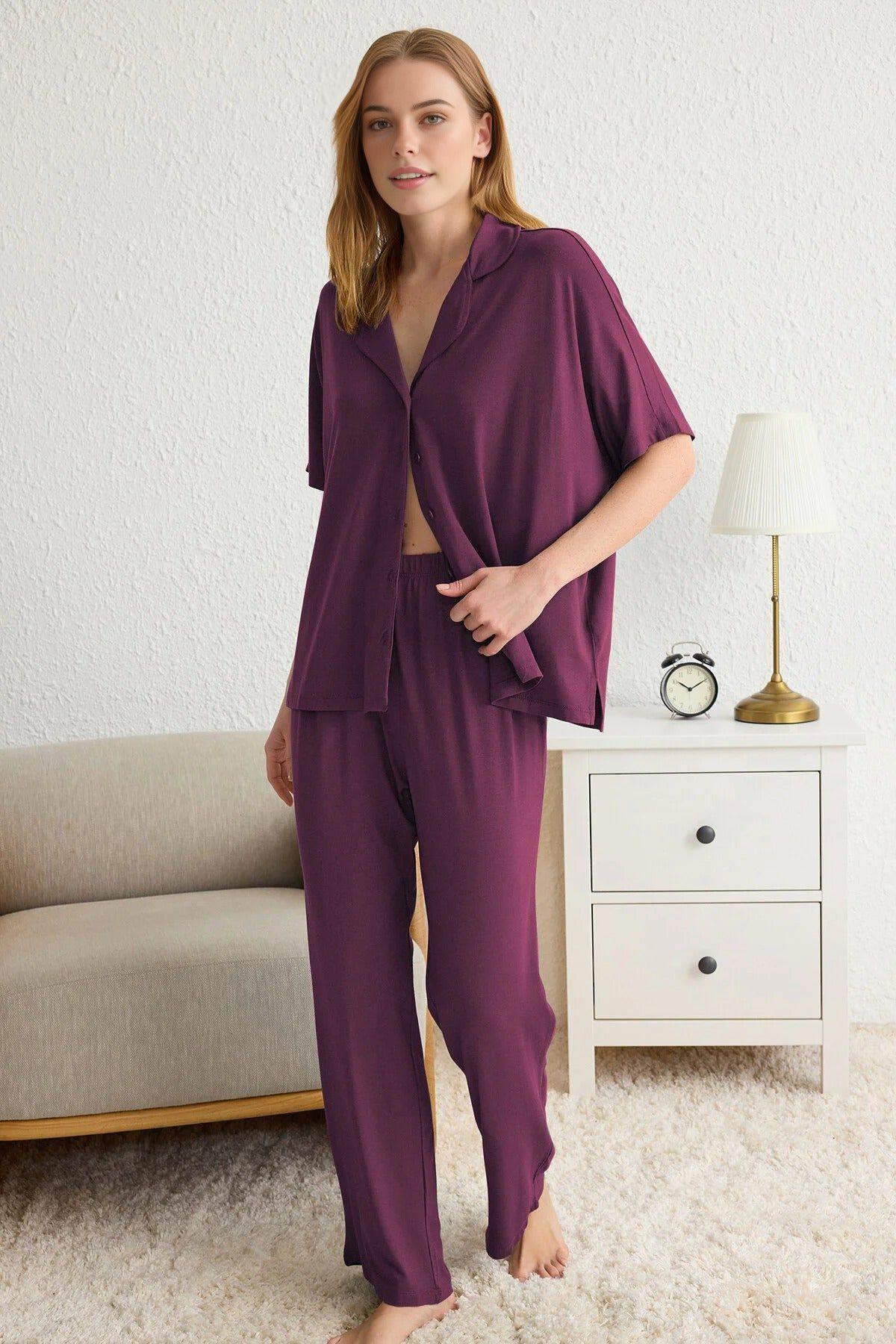 Collar Button-Through Long Sleeve Relaxed Fit Pyjama Set by WOVCOR