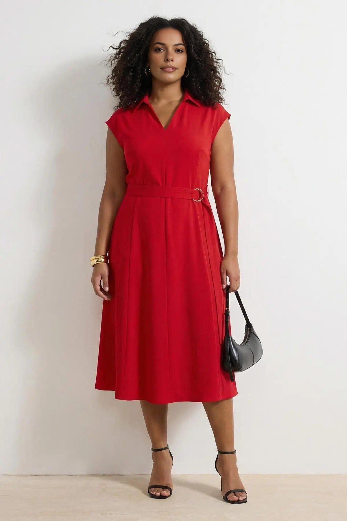 Collared V Neck Belted Midi Shirt Dress by WOVCOR