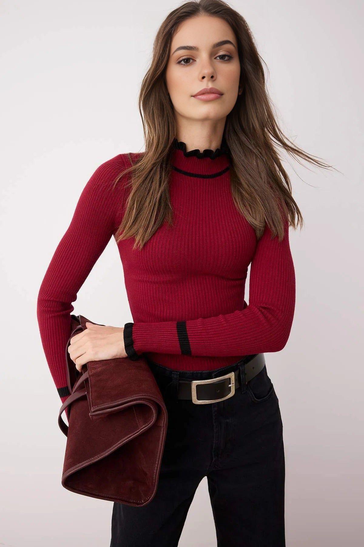 Colour Block Rib-Knit Long Sleeve Sweater by WOVCOR