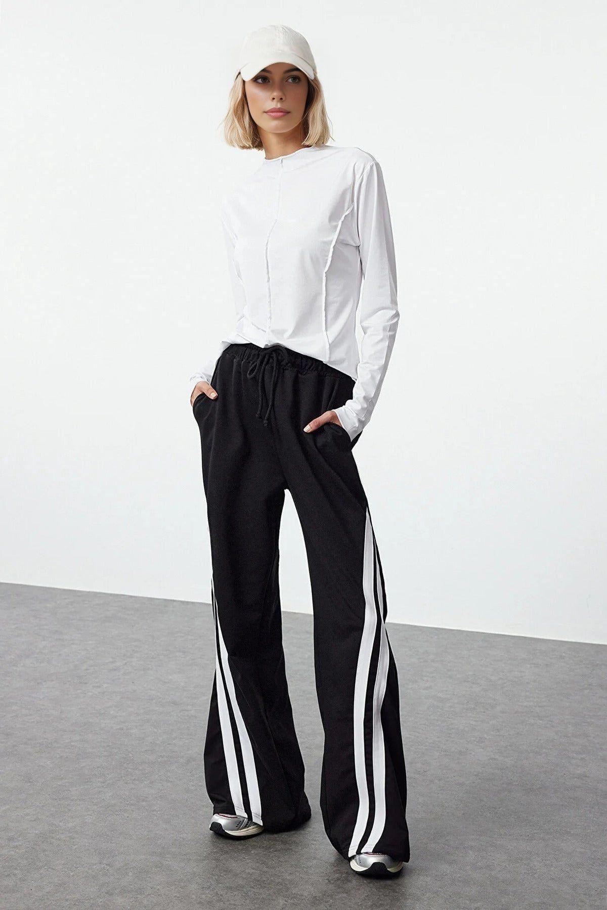Contrast Side Stripe Drawstring Wide Leg Cotton Joggers by WOVCOR