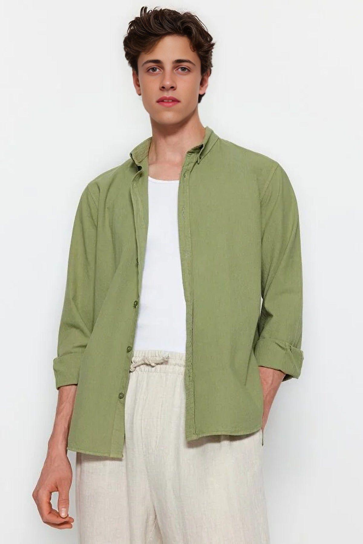 Cotton Linen-Look Long Sleeve Button-Up Shirt by WOVCOR