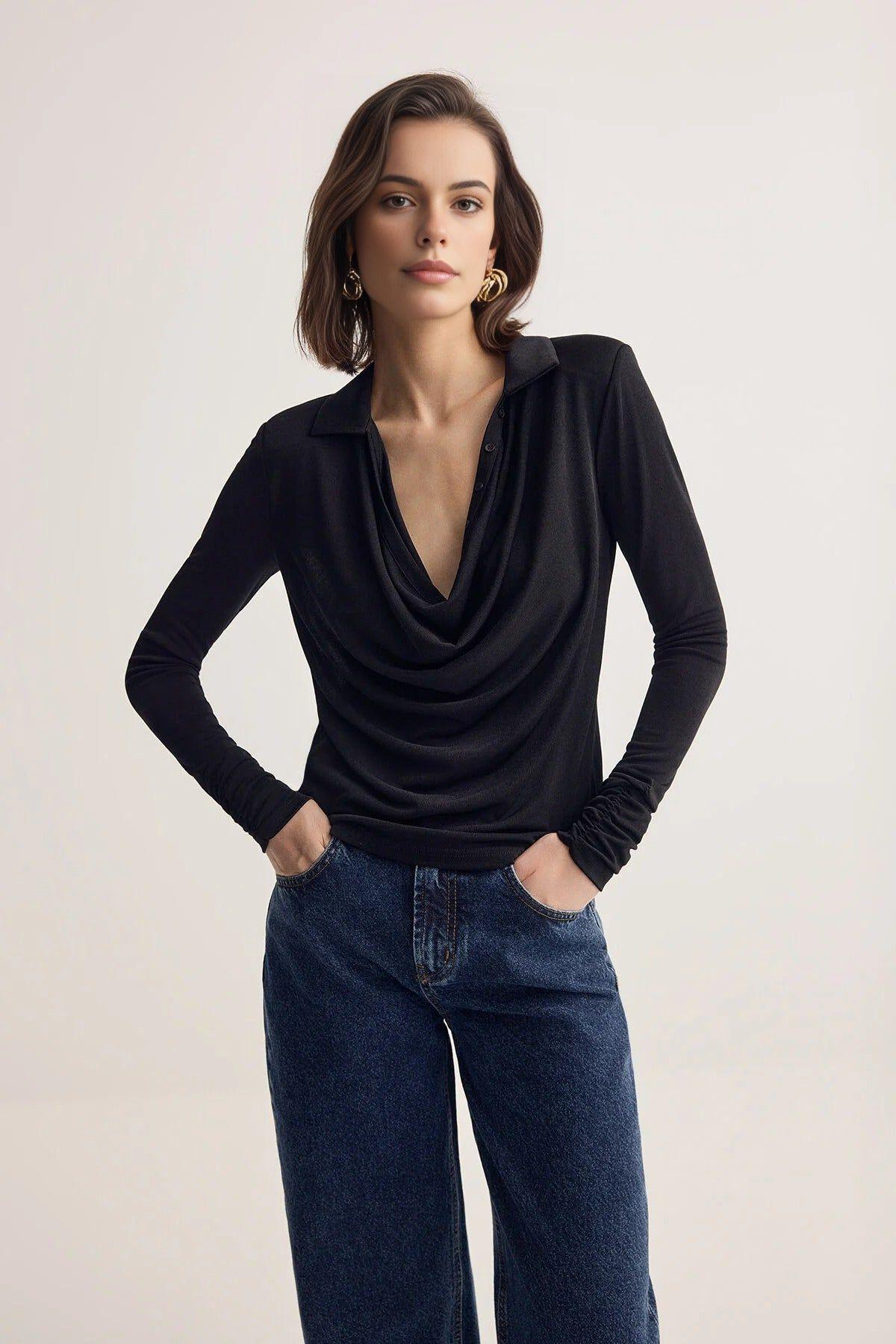 Cowl Neck Collared Long Sleeve Draped Blouse Top by WOVCOR