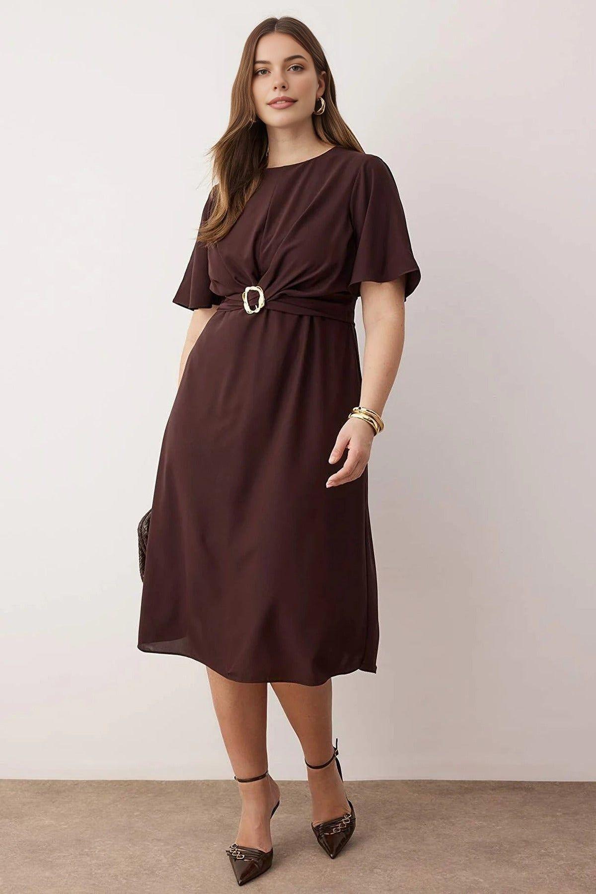 Crew Neck Belt Detail Midi Dress with Short Sleeves by WOVCOR