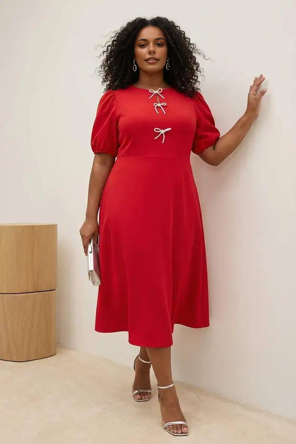 Crew Neck Bow Detail Puff Sleeve Midi Dress by WOVCOR