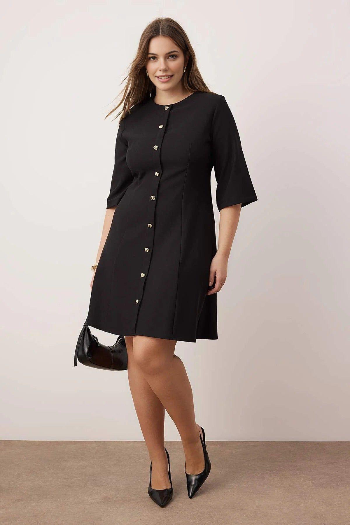 Crew Neck Button Front A-Line Mini Dress by WOVCOR