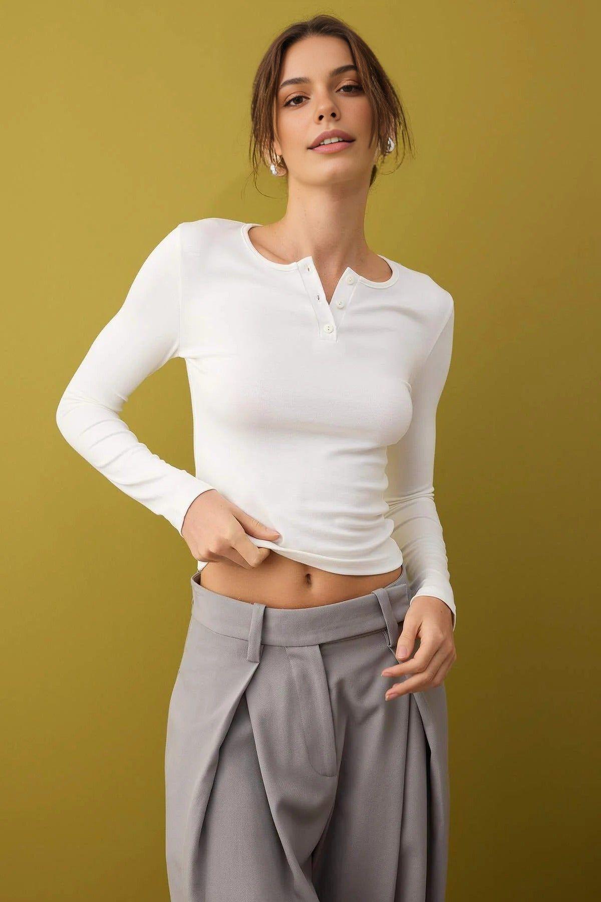 Crew Neck Button Front Stretch Knit Blouse by WOVCOR