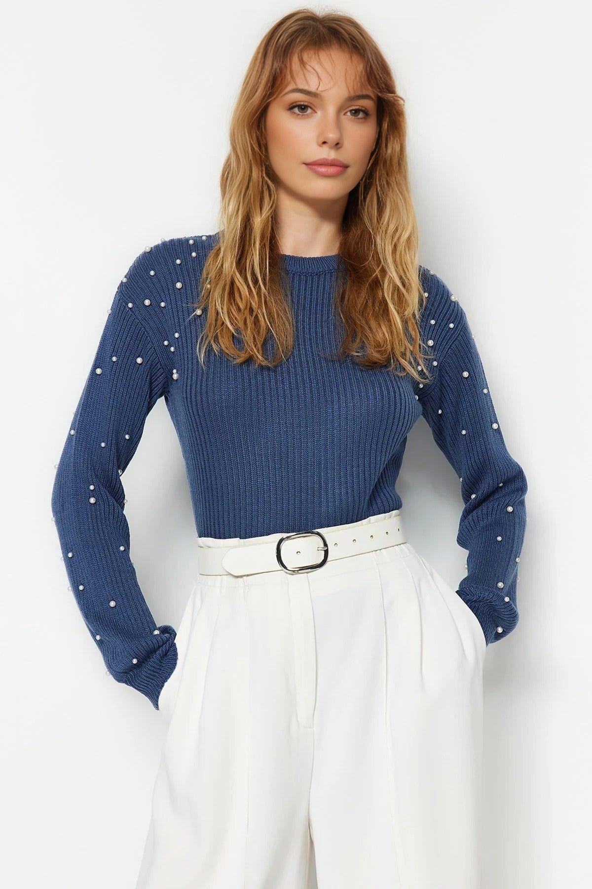 Crew Neck Knit Sweater with Pearl Details by WOVCOR