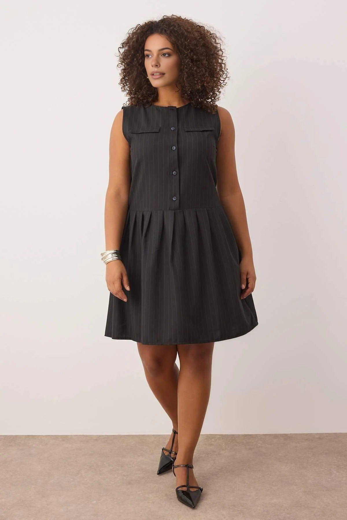 Crew Neck Pinstripe Button Detail Skater Mini Dress by WOVCOR