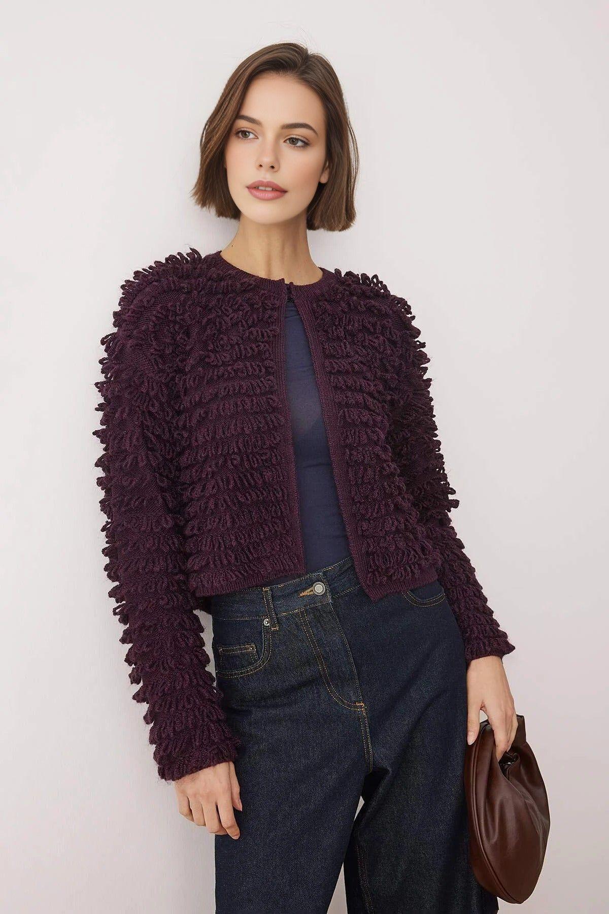 Crew Neck Textured Knit Cardigan with Long Sleeves by WOVCOR