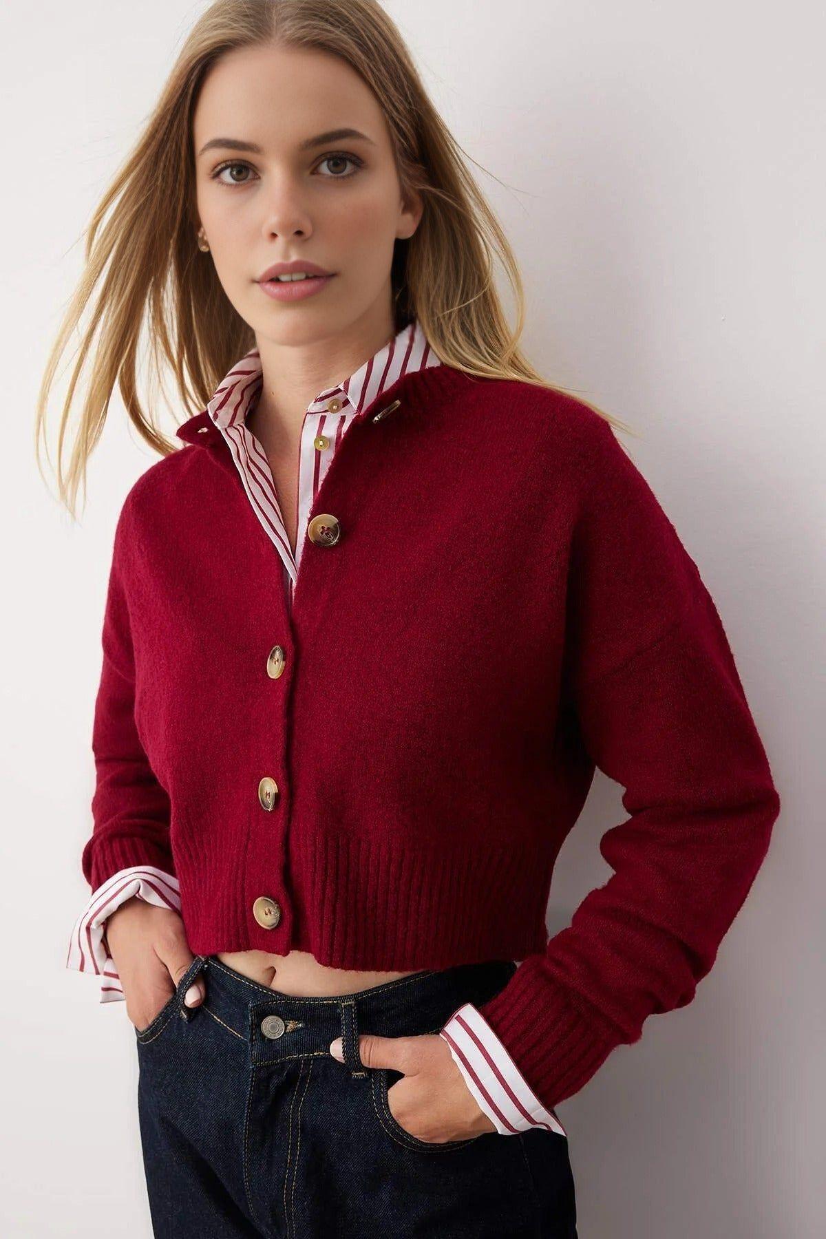 Crop Soft Textured Buttoned Knit Cardigan by WOVCOR