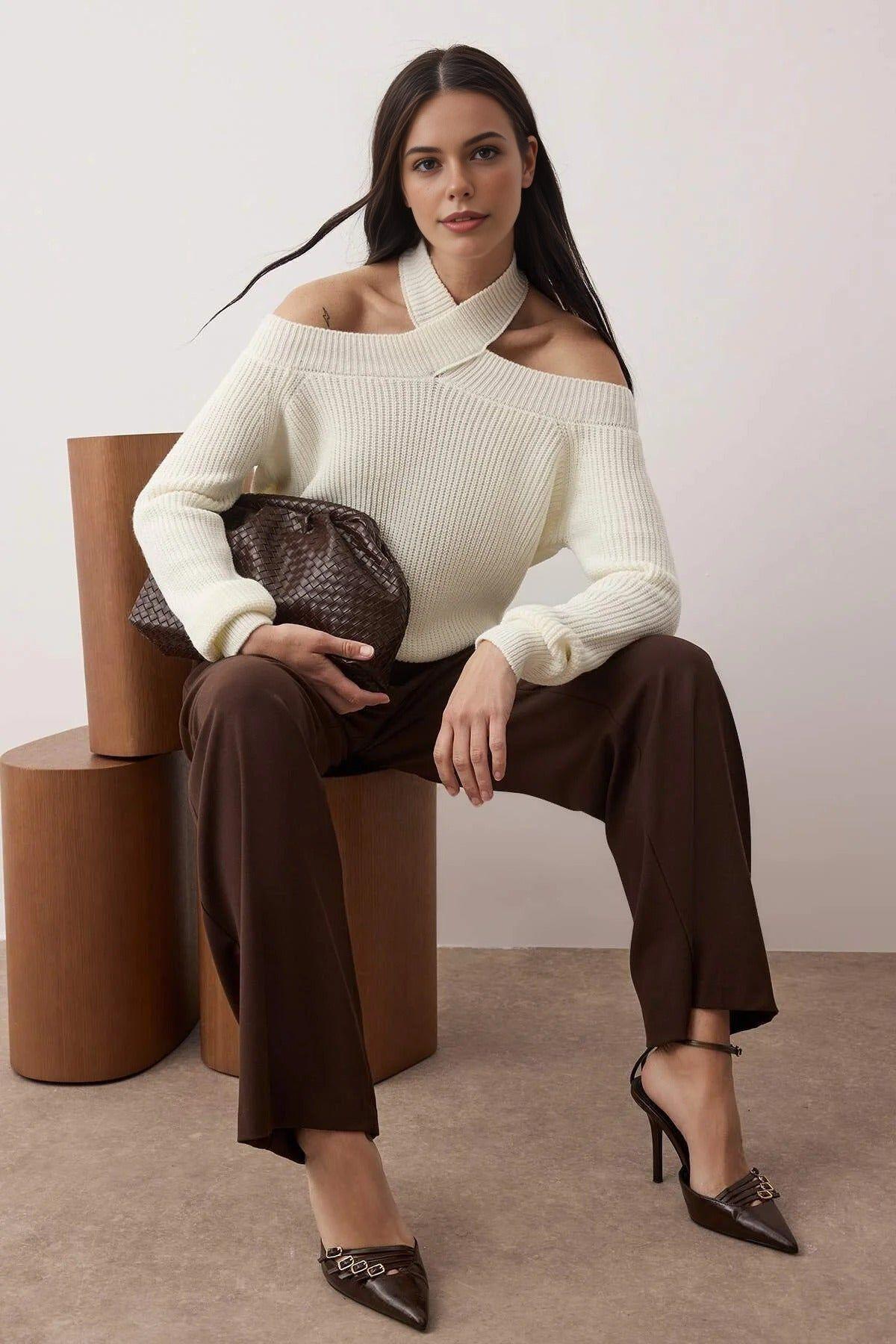 Cropped Knit Sweater with Cross Over Collar Detail by WOVCOR