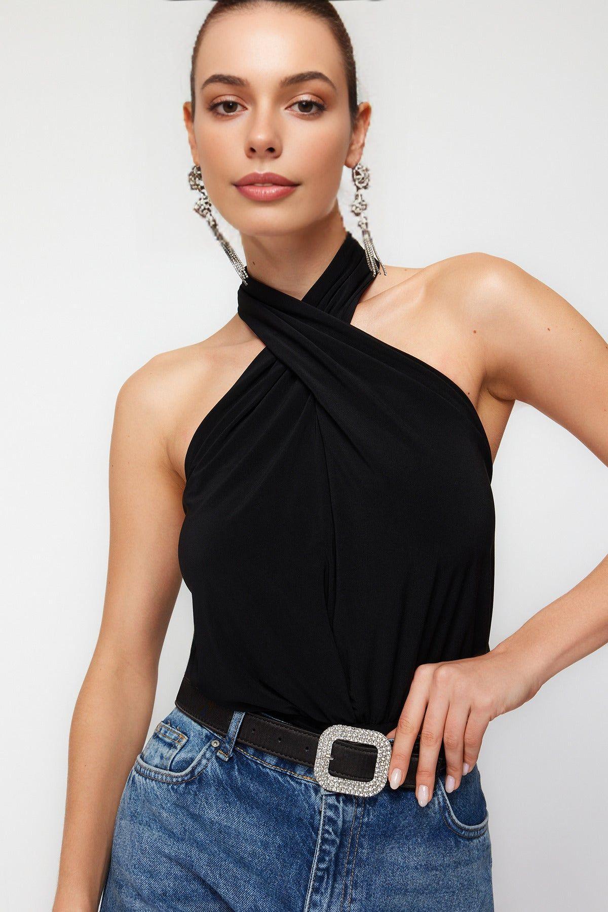 Cross Front Halter Neck Stretch Knit Bodysuit by WOVCOR