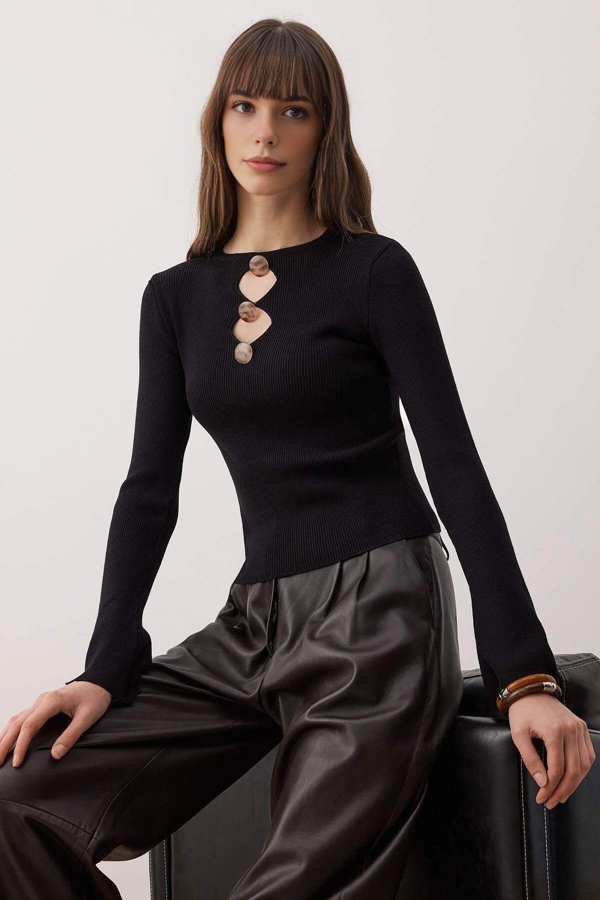 Cut Out Detail Button Front Ribbed Knit Sweater by WOVCOR