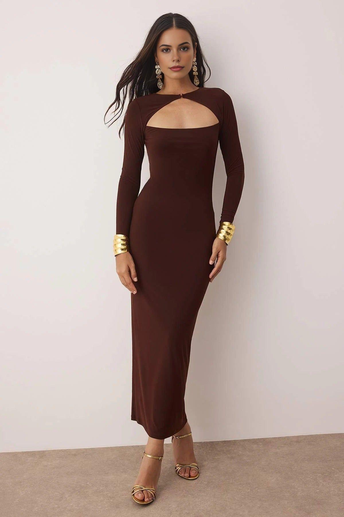 Cut Out Detail Long Sleeve Bodycon Maxi Dress by WOVCOR Cut Out Detail Long Sleeve Bodycon Maxi Dress by WOVCOR