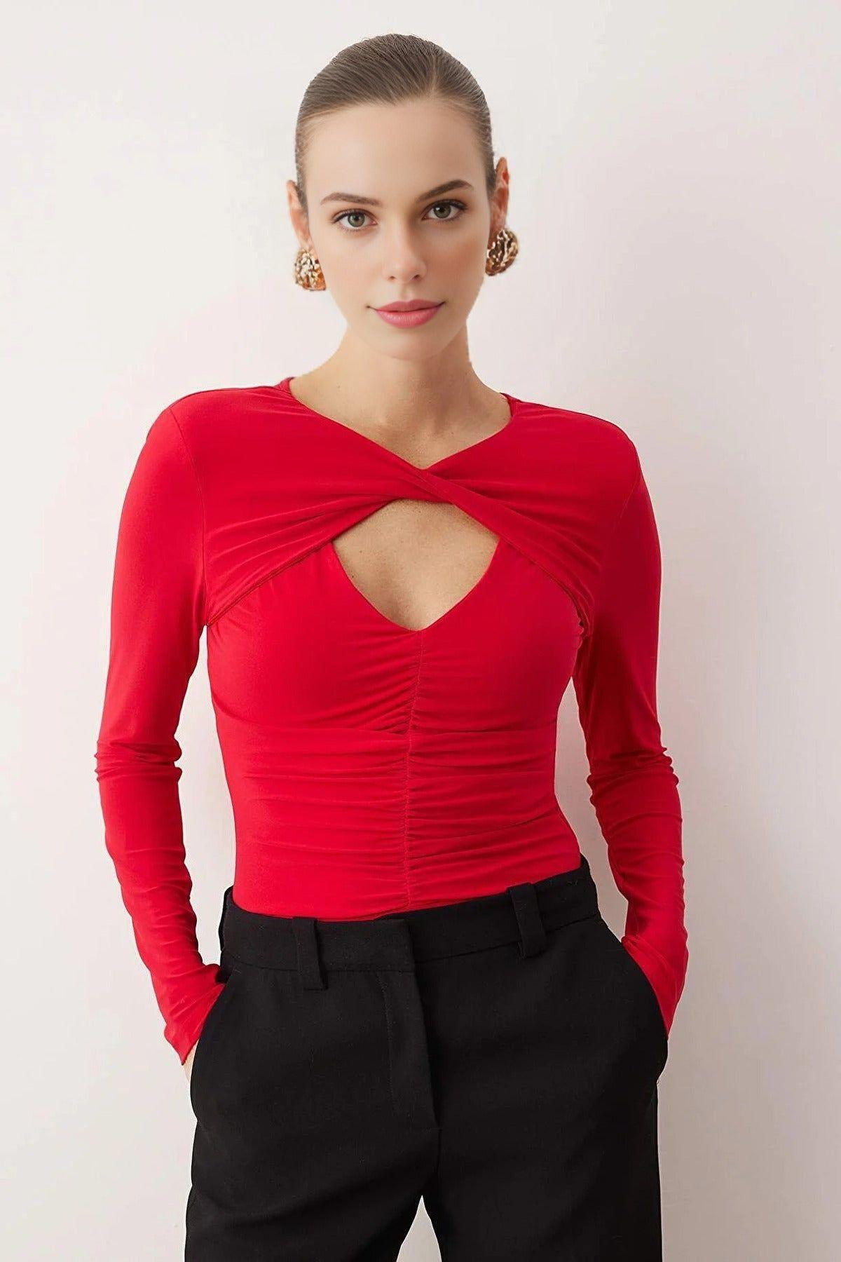 Cut-Out Detail Ruched Long Sleeve Knit Bodysuit by WOVCOR