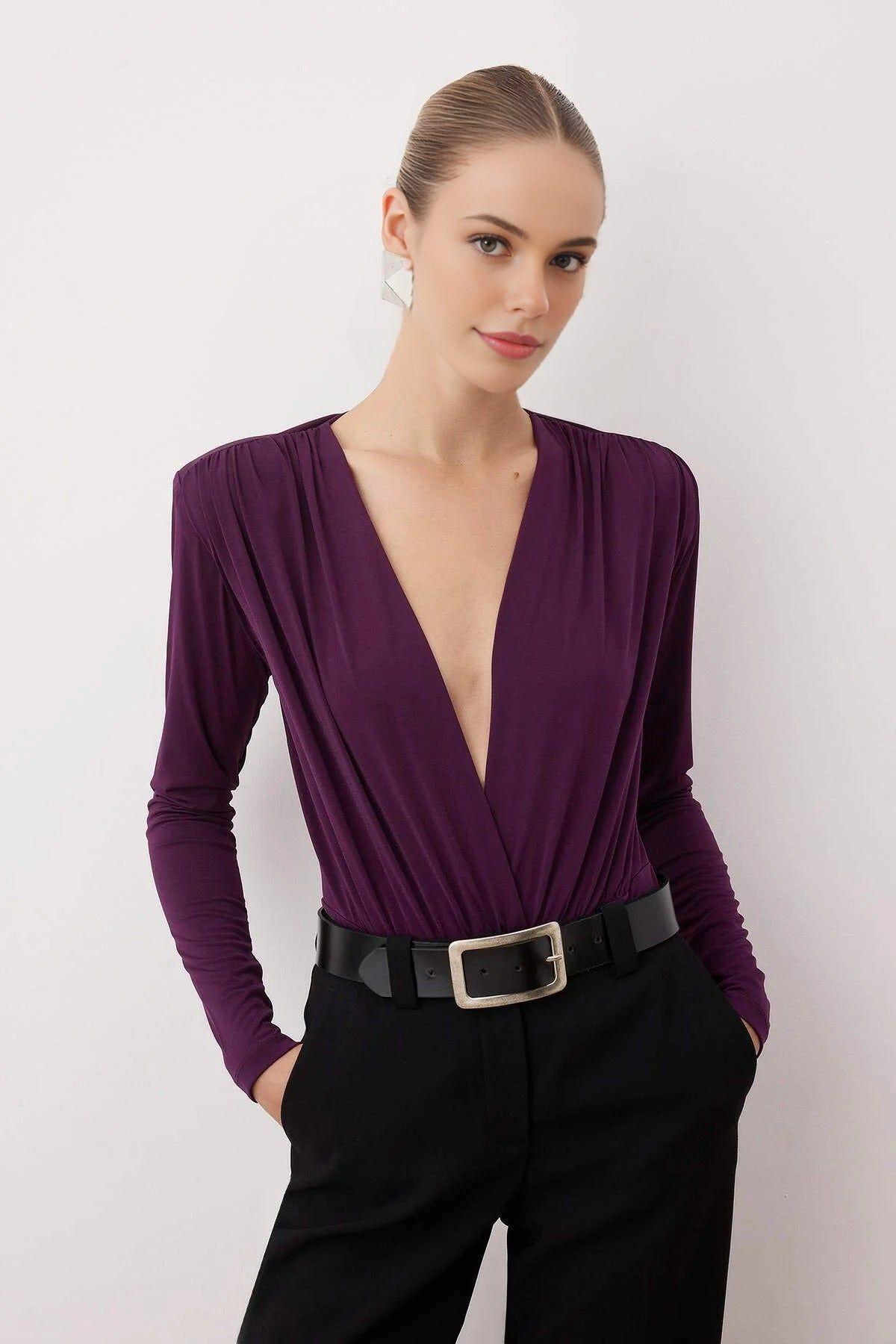 Deep V-Neck Draped Long Sleeve Bodysuit by WOVCOR