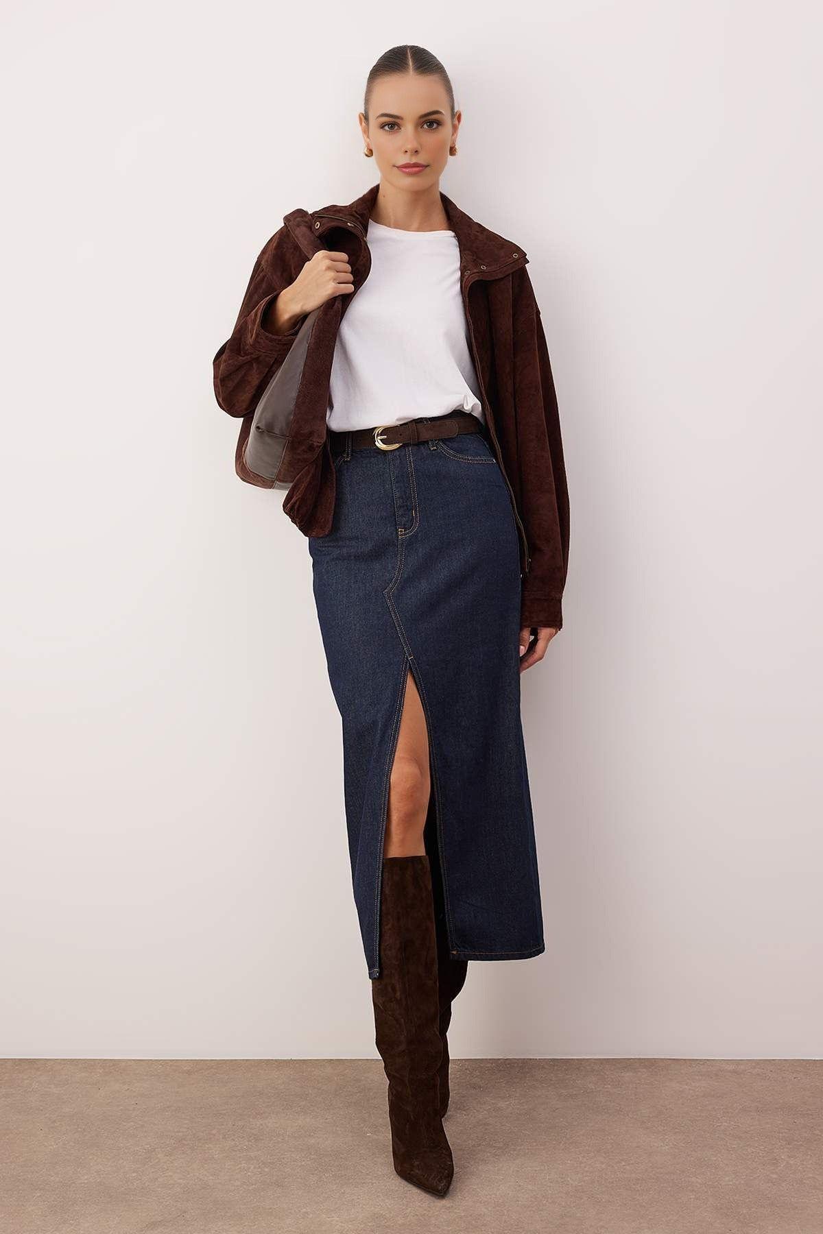 Denim Maxi Skirt with Front Slit by WOVCOR