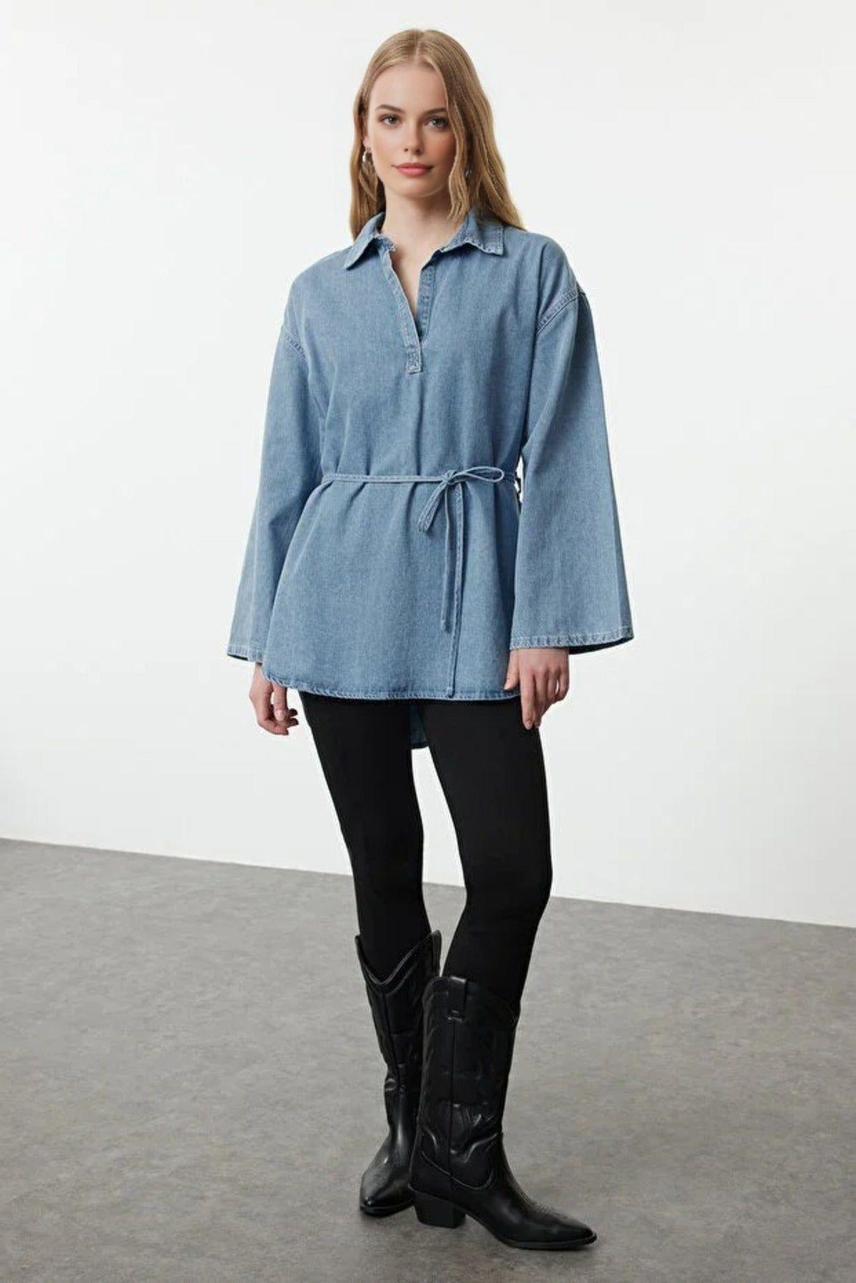 Denim Shirt With Tie-Waist Detail by WOVCOR