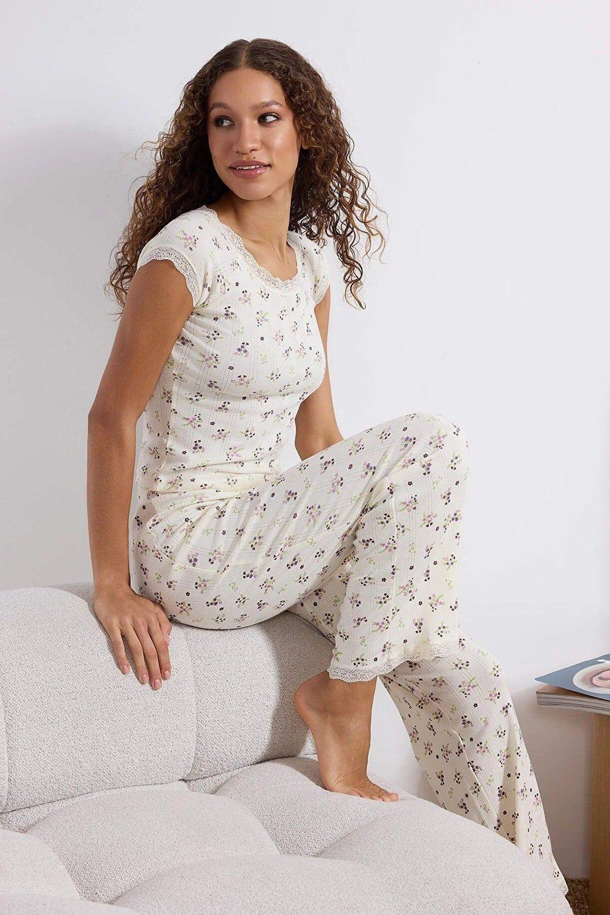 Ditsy Floral Lace Trim Cap Sleeve Cotton Ribbed Pyjama Set by WOVCOR