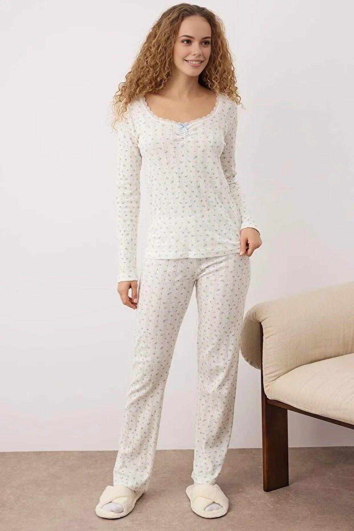 Ditsy Floral Lace Trim Scoop Neck Long Sleeve Ribbed Pyjama Set by WOVCOR