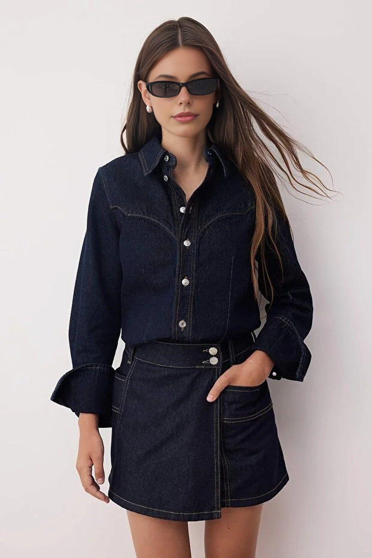 Double Breasted Denim Mini Skort with Utility Pocket Detail by WOVCOR