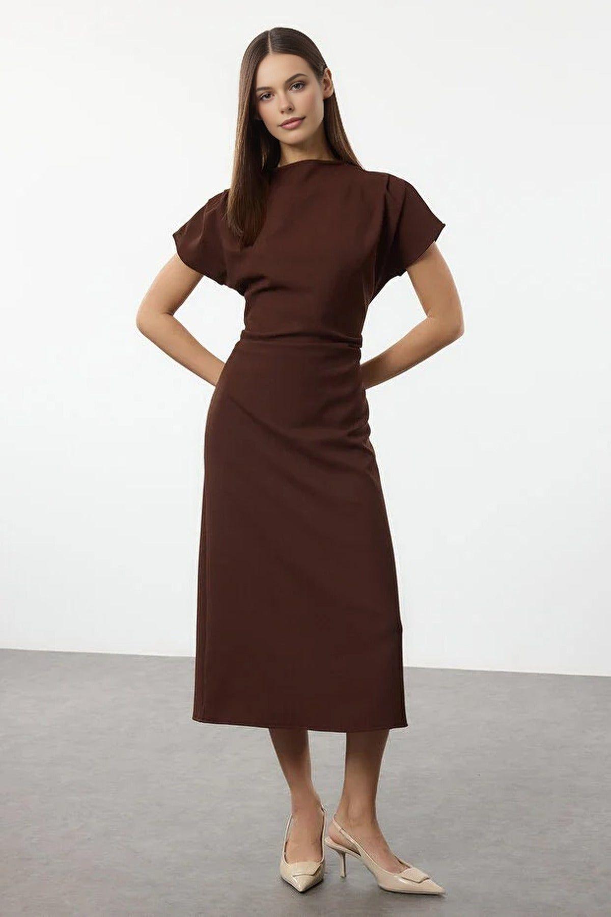 Draped High Neck Midi Dress by WOVCOR