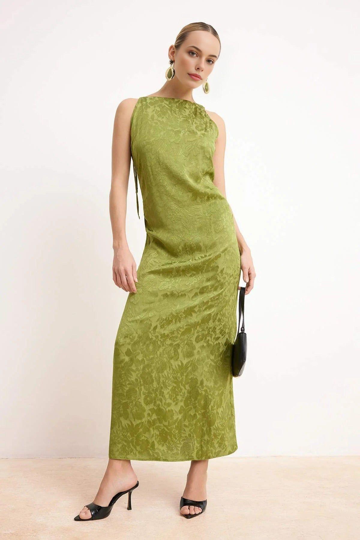 Draped High Neck Midi Dress with Textured Floral Finish by WOVCOR