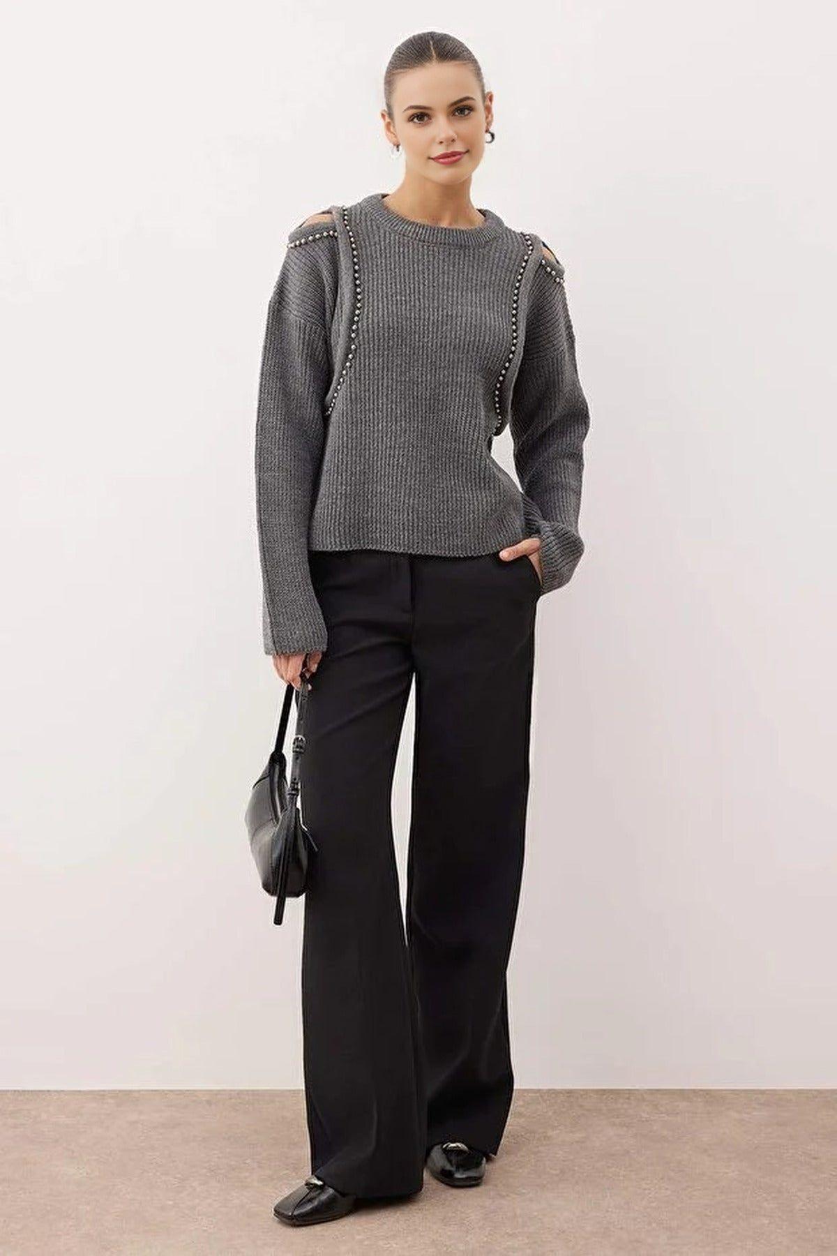Embellished Knit Sweater with Shoulder Cut Out Detail by WOVCOR