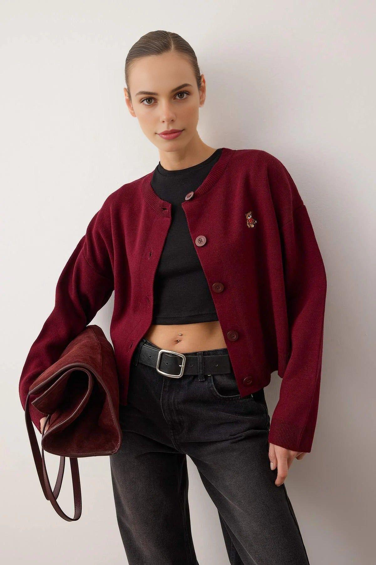 Embroidered Detail Crew Neck Knit Cardigan by WOVCOR