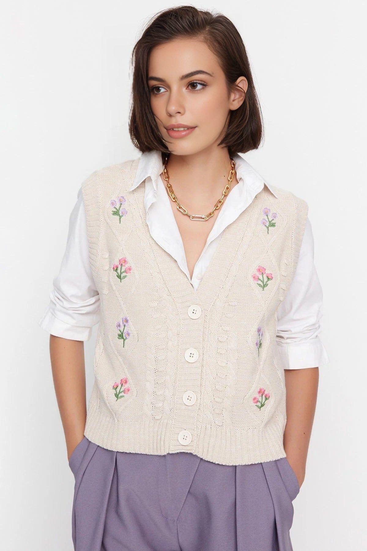 Embroidered Floral Knit Sweater Vest by WOVCOR