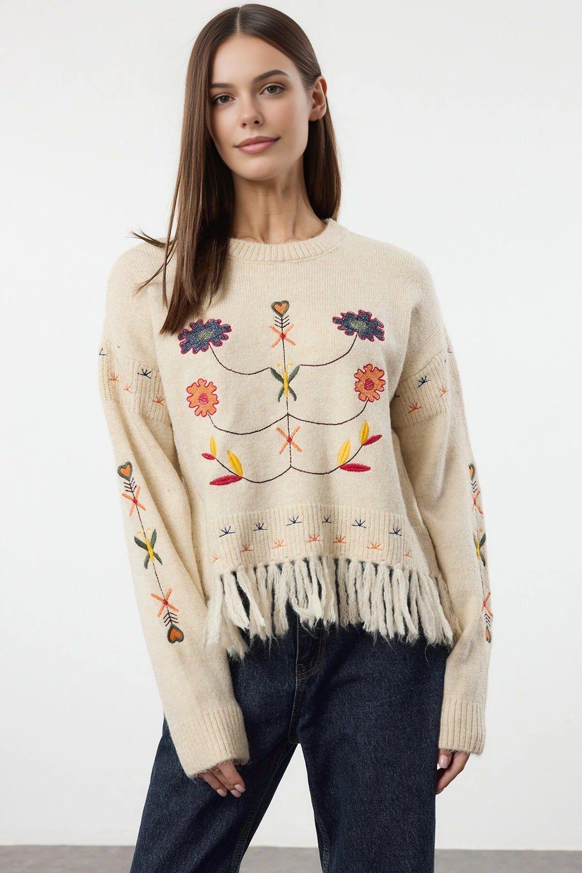 Embroidered Fringe Hem Textured Knit Sweater by WOVCOR