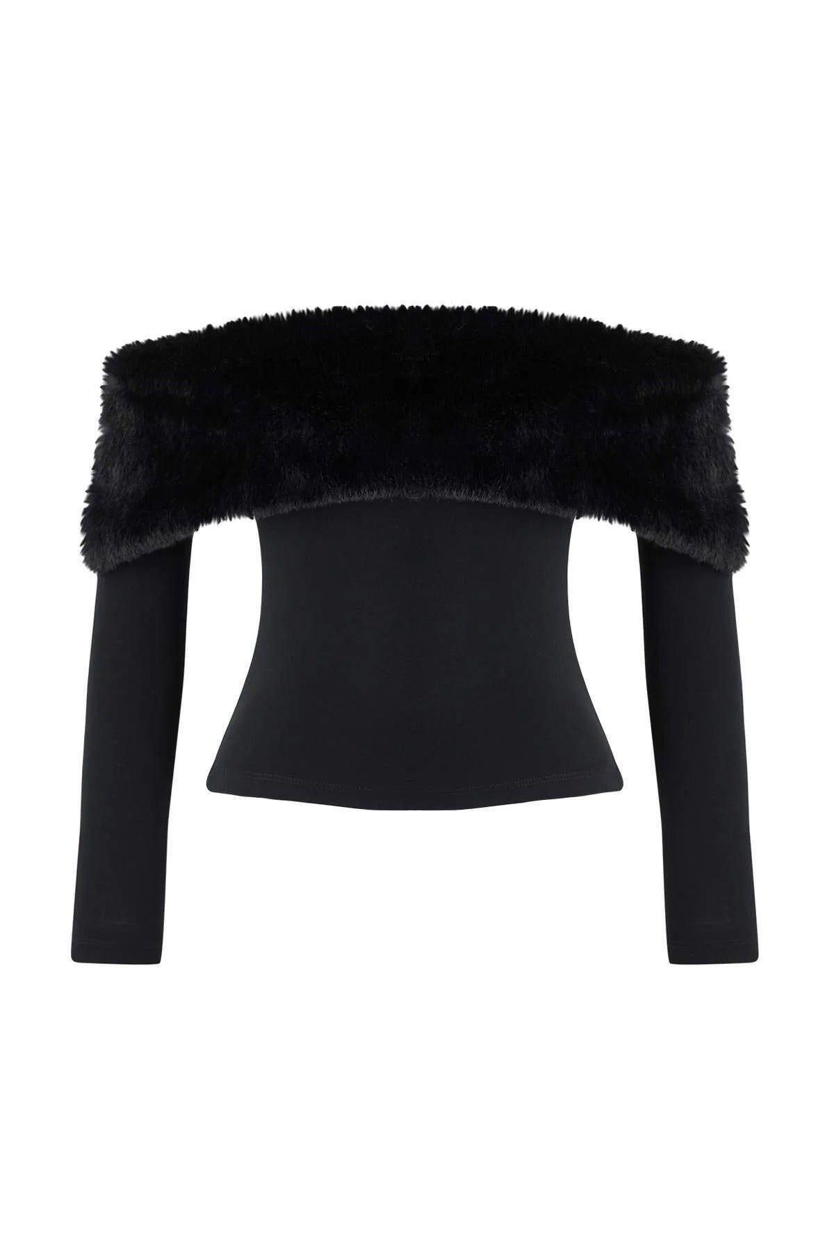 Faux Fur Bardot Neck Long Sleeve Knit Blouse by WOVCOR