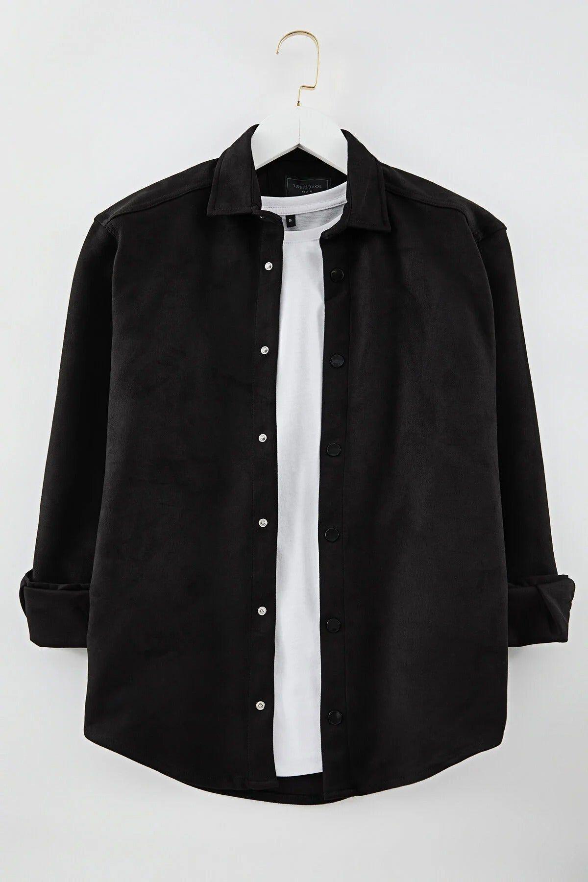 Faux Suede Button-Up Overshirt by WOVCOR