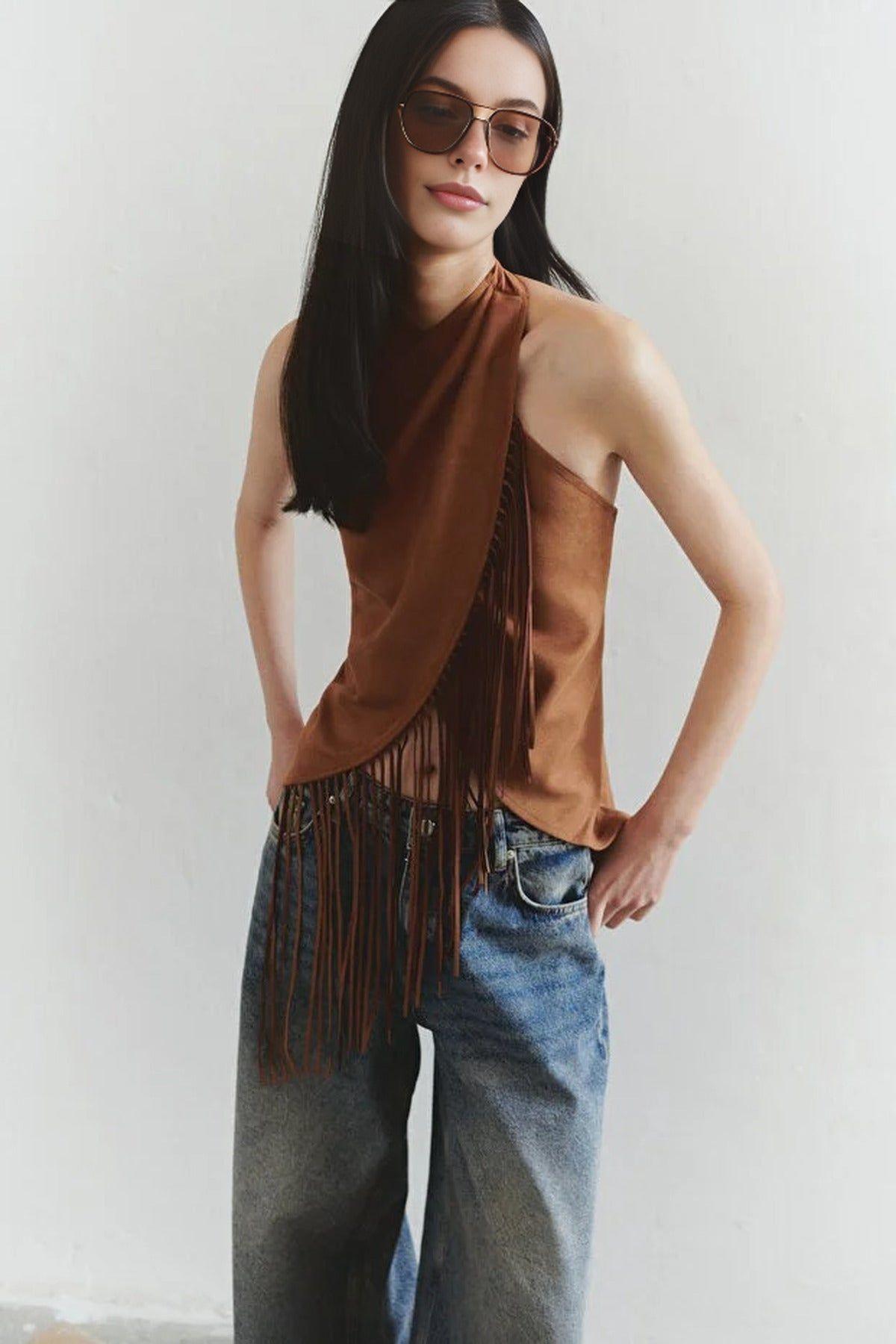 Faux Suede Halter Neck Fringe Detail Wrap Waistcoat by WOVCOR