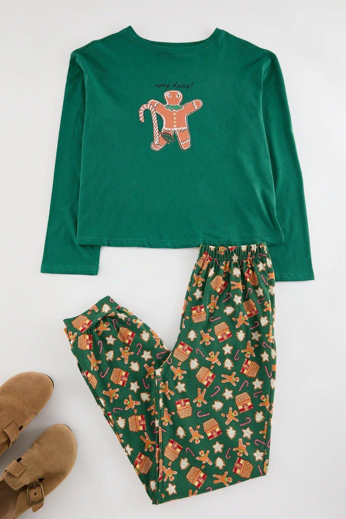 Festive Gingerbread Print Two-Piece Long Sleeve Pyjama Set by WOVCOR