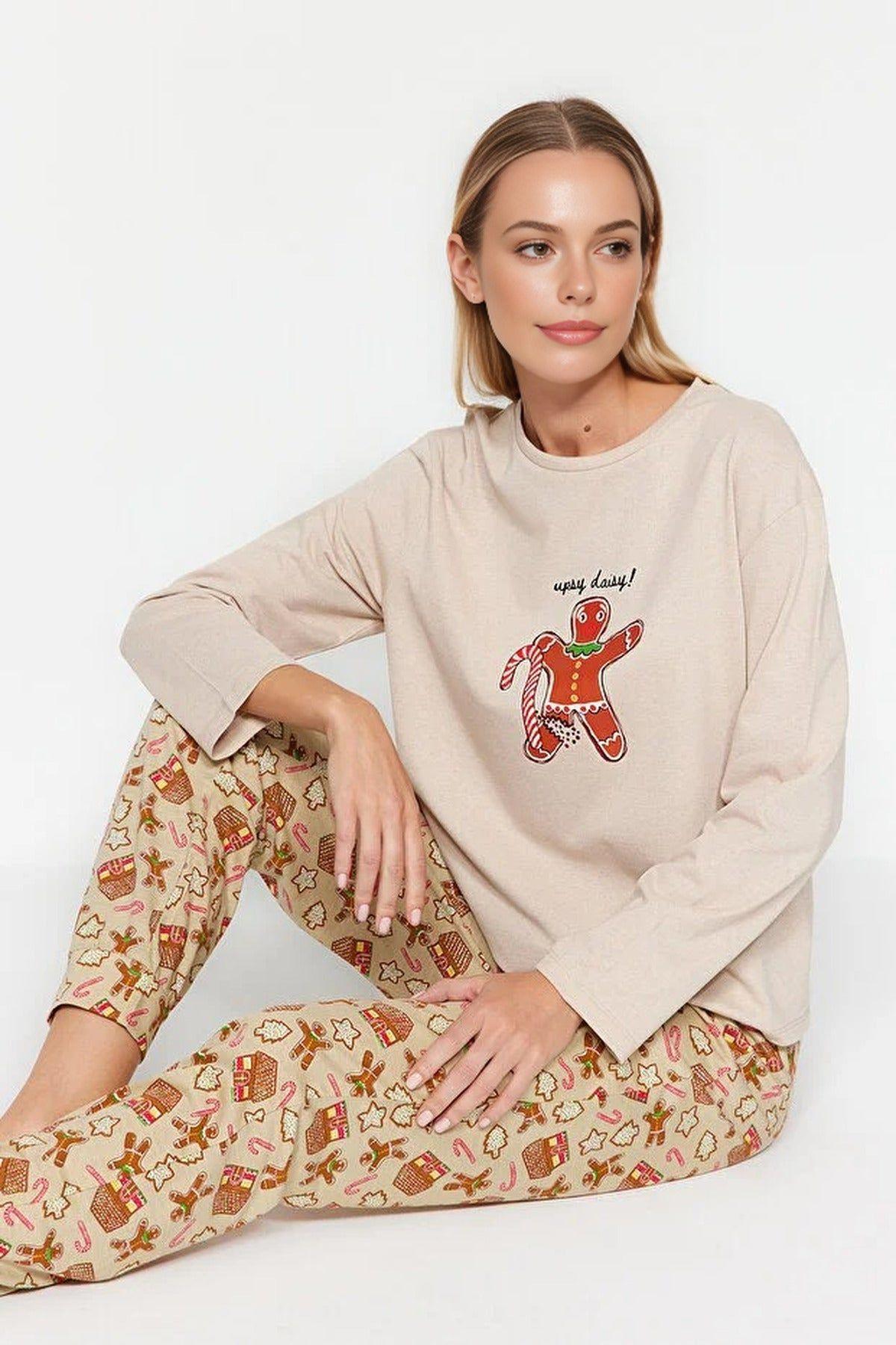 Festive Gingerbread Print Two-Piece Long Sleeve Pyjama Set by WOVCOR