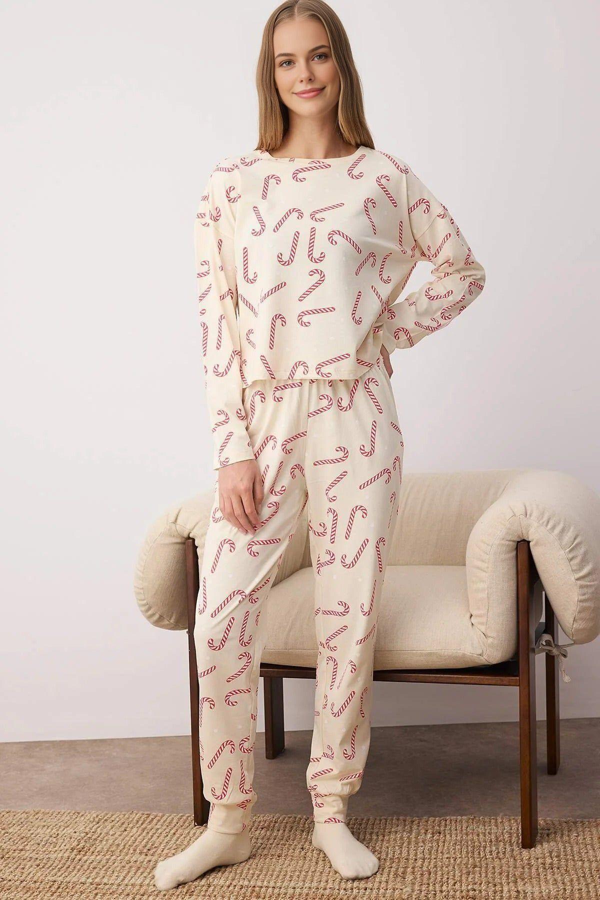 Festive Print Long Sleeve Pyjama Co-Ord Set by WOVCOR Festive Print Long Sleeve Pyjama Co-Ord Set by WOVCOR