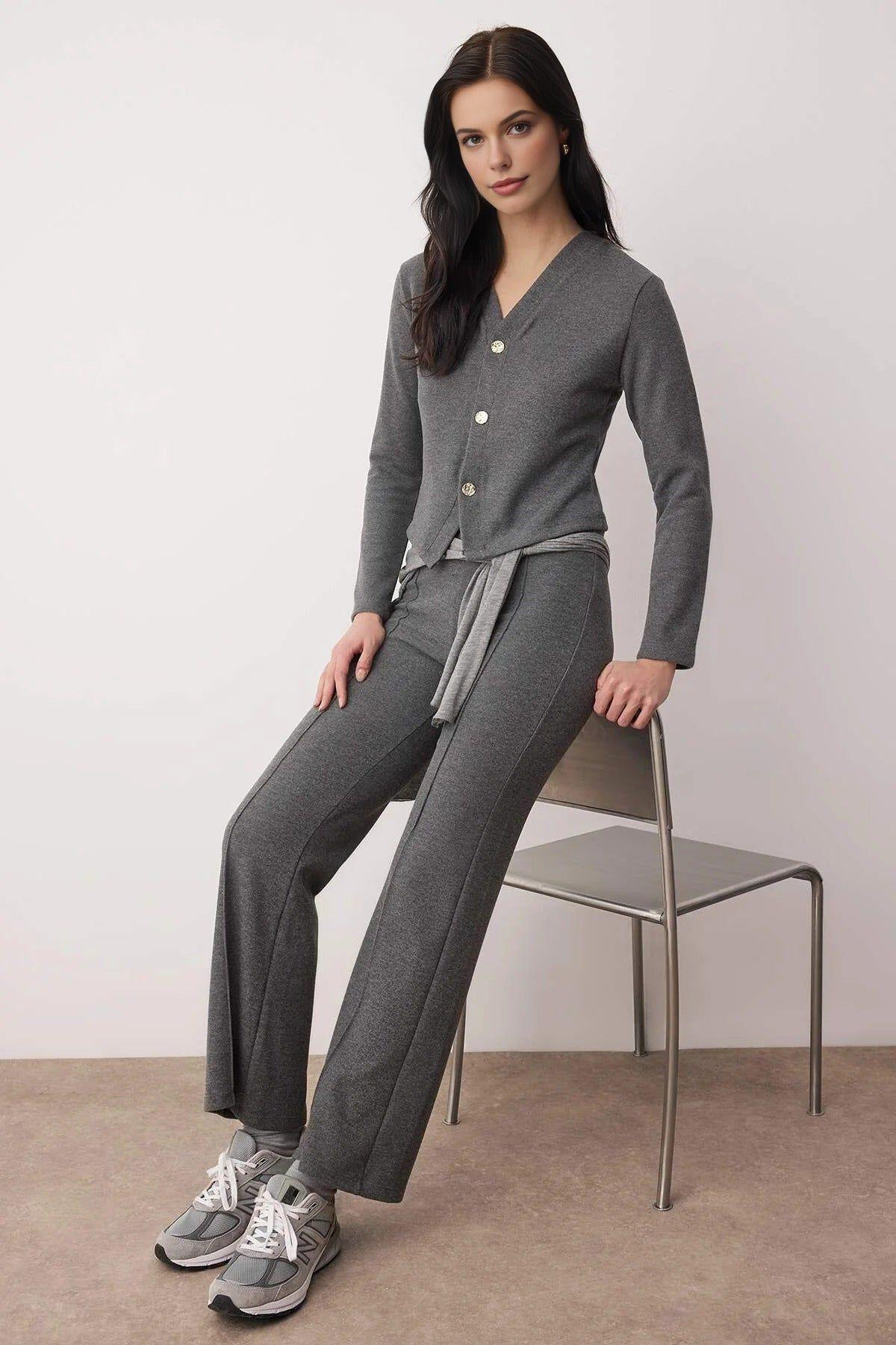 Fitted Button Front Knit Top and Wide Leg Trouser Co-Ord Set by WOVCOR