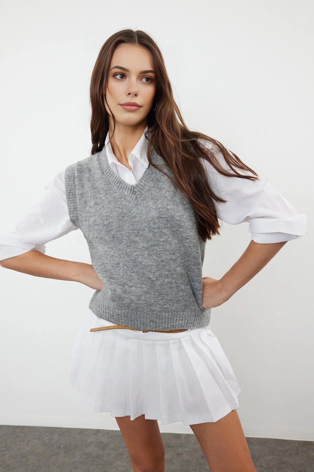 Fitted V Neck Knit Sweater Vest by WOVCOR