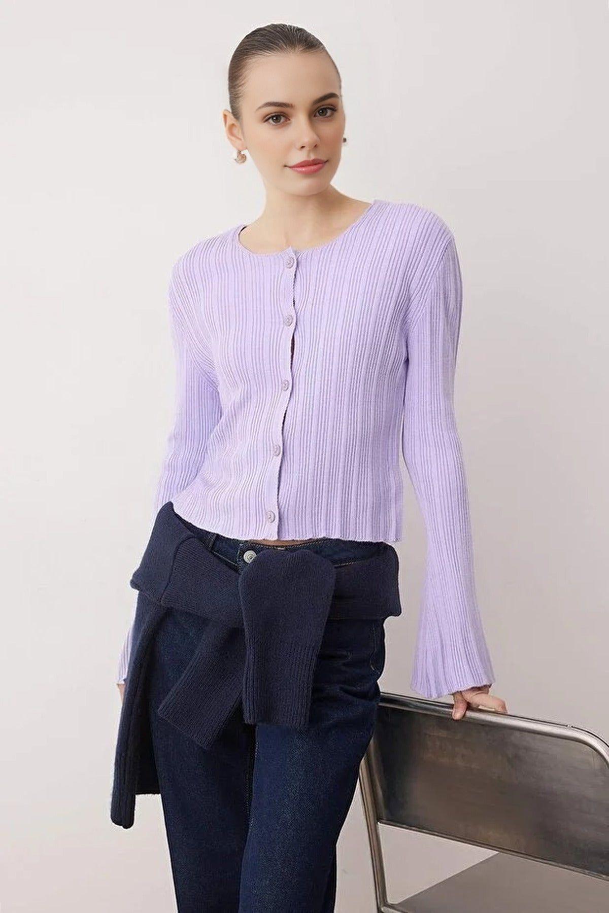 Flared Sleeve Ribbed Knit Button Through Cardigan by WOVCOR