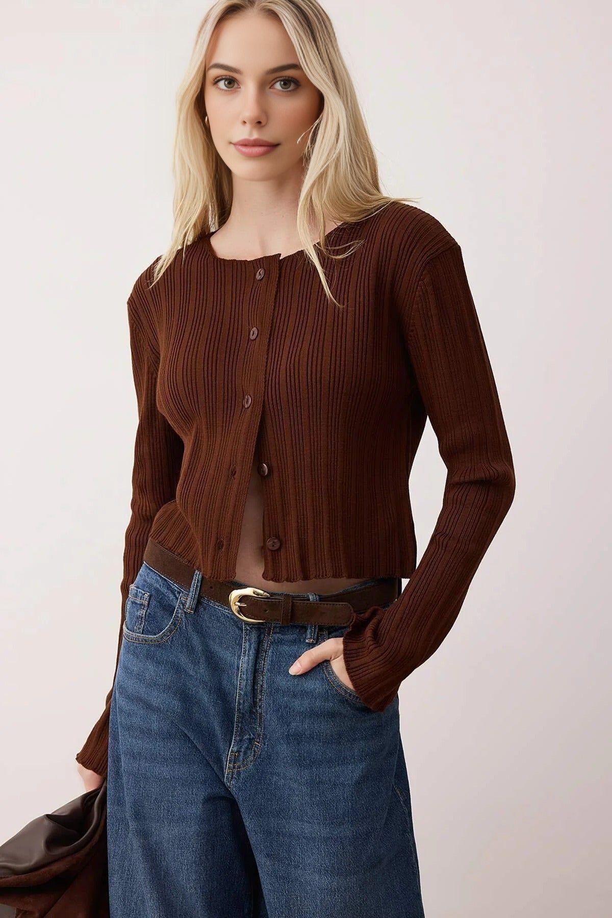 Flared Sleeve Ribbed Knit Button Through Cardigan by WOVCOR