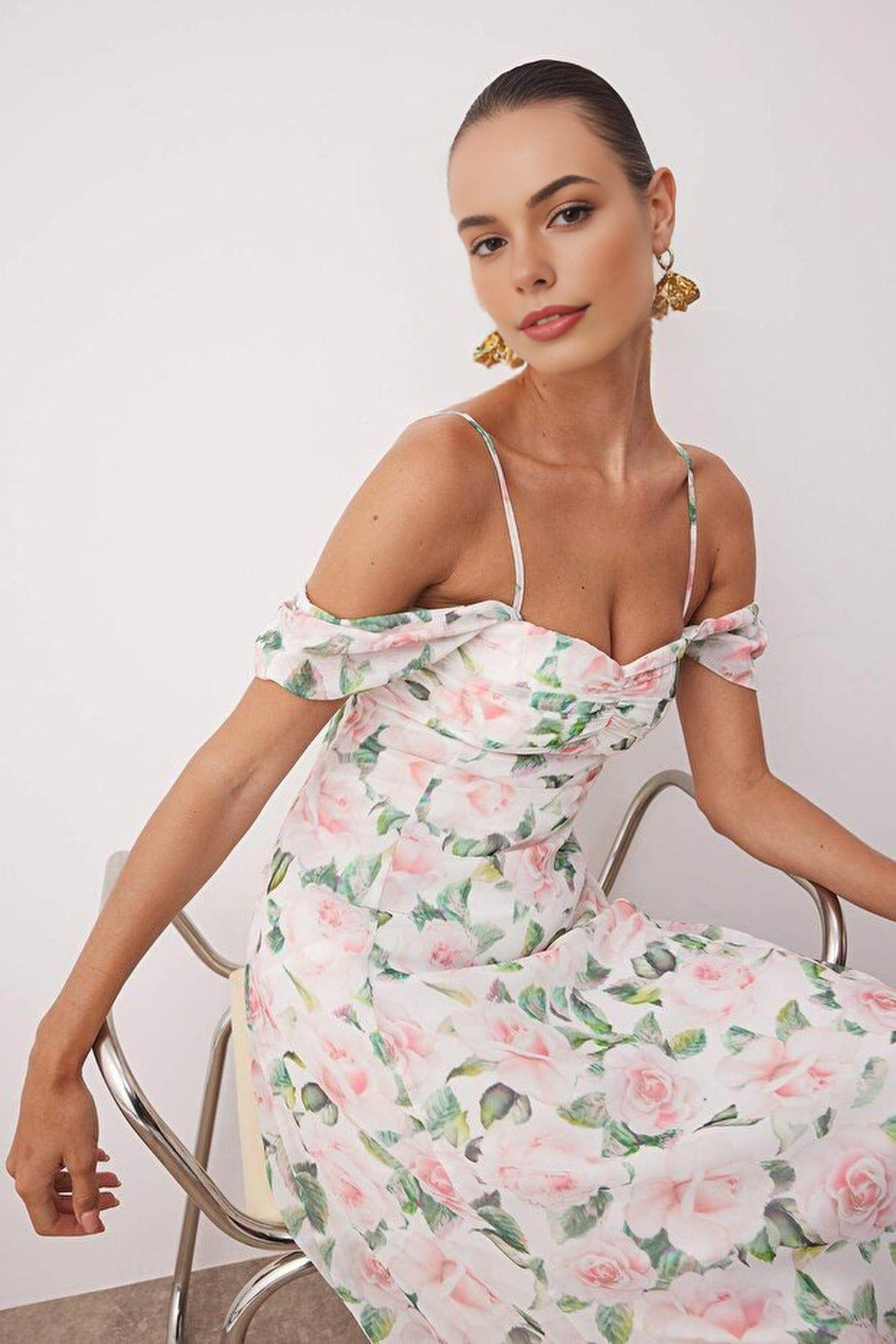 Floral Chiffon Off Shoulder Maxi Evening Dress by WOVCOR