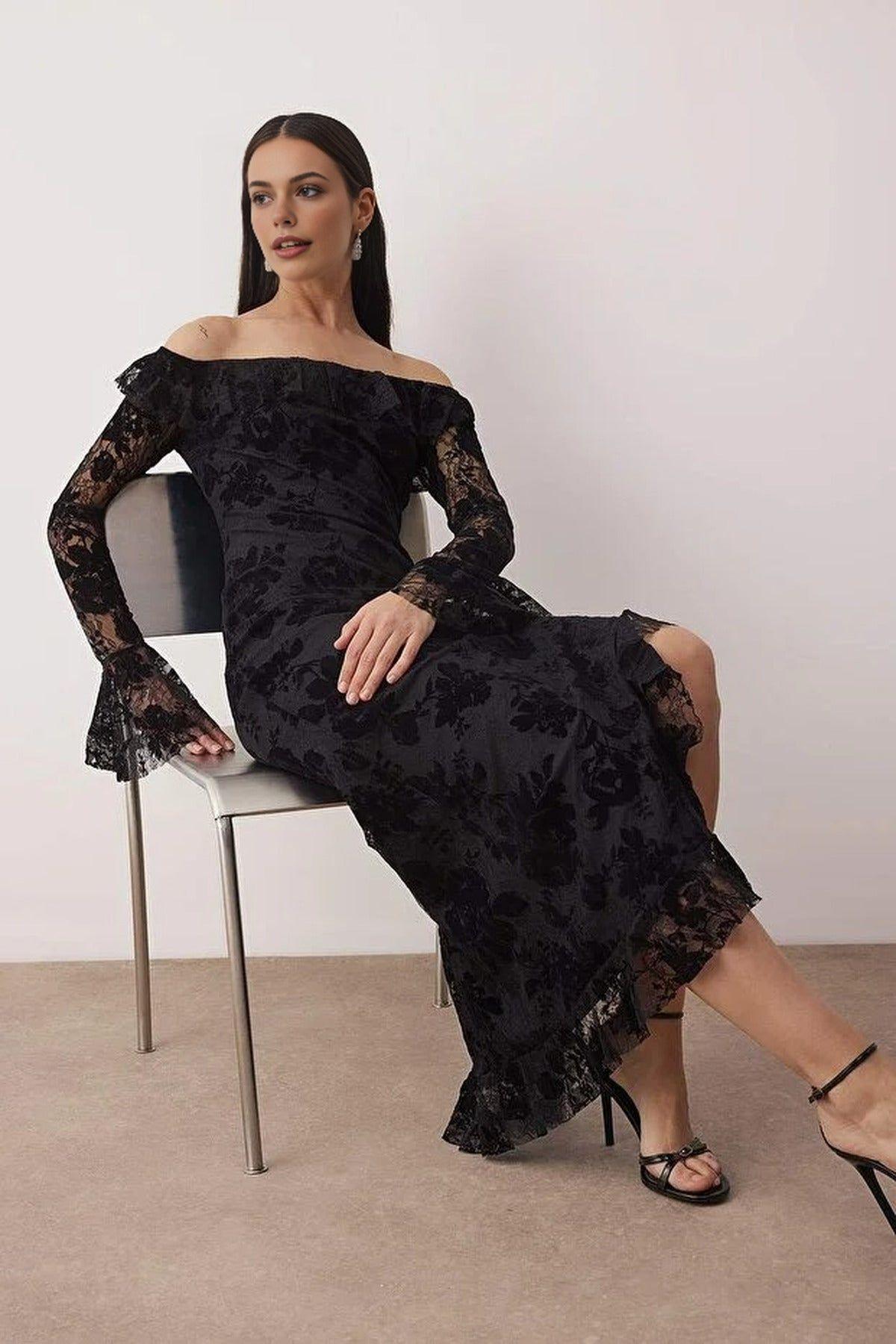 Floral Flocked Lace Bardot Ruffle Long Sleeve Maxi Dress by WOVCOR